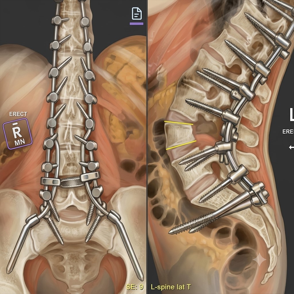 X-ray of spinal deformity correction with instrumentation