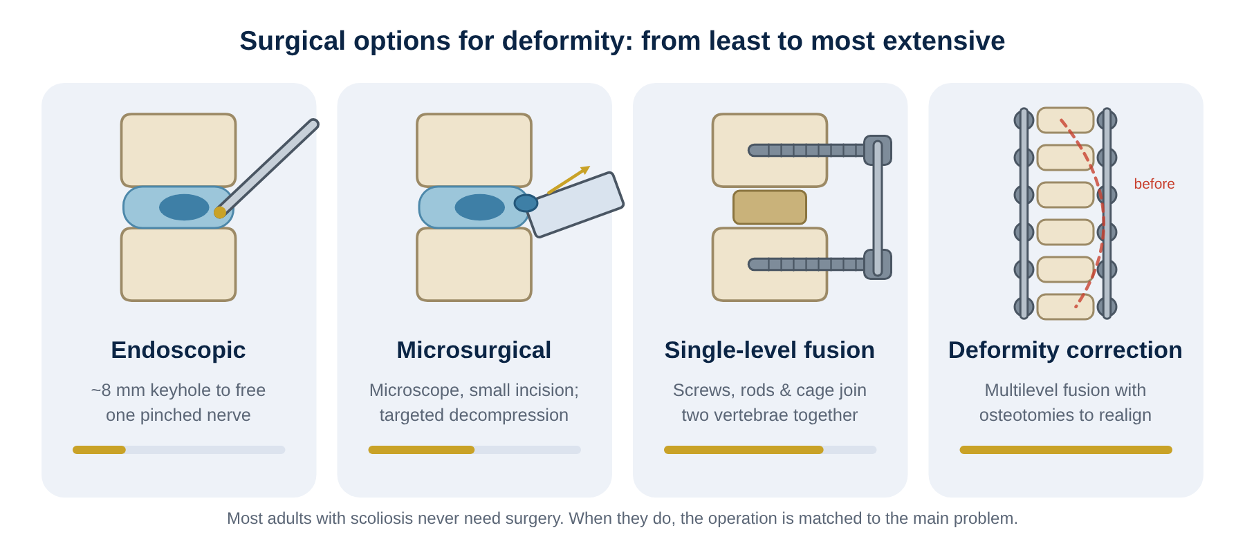 Four surgical options for spinal deformity: endoscopic decompression, microsurgical decompression, single-level fusion, and deformity correction with multilevel fusion